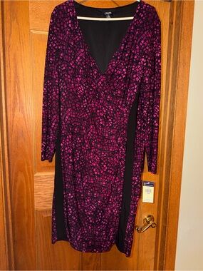 Chaps Pink Black Geometric Cross Wrap Dress Size 16 W